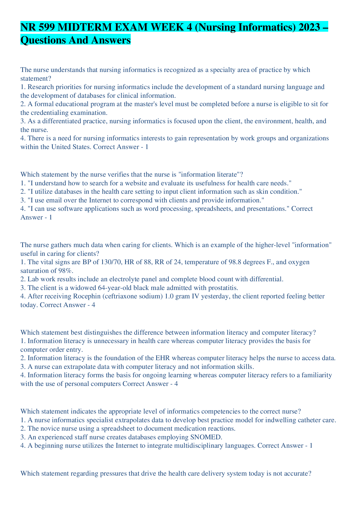 Preview image for NR 599 MIDTERM EXAM WEEK 4 (Nursing Informatics) 2023  – Questions And Answers